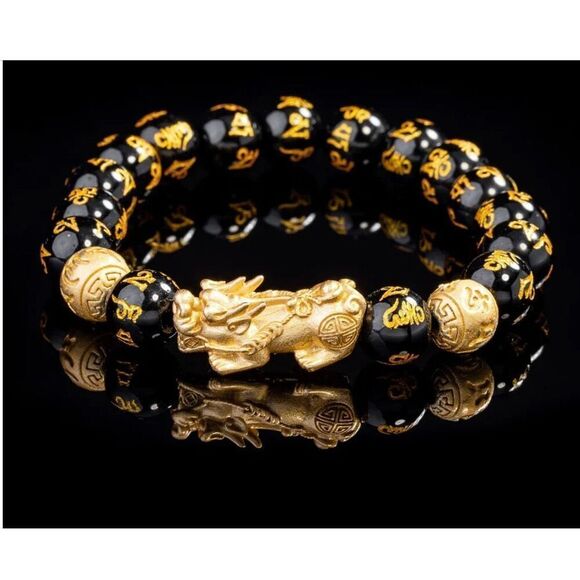 2 Black Obsidian Feng Shui Wealth Bracelets with Pi Xiu - Picture 8 of 9
